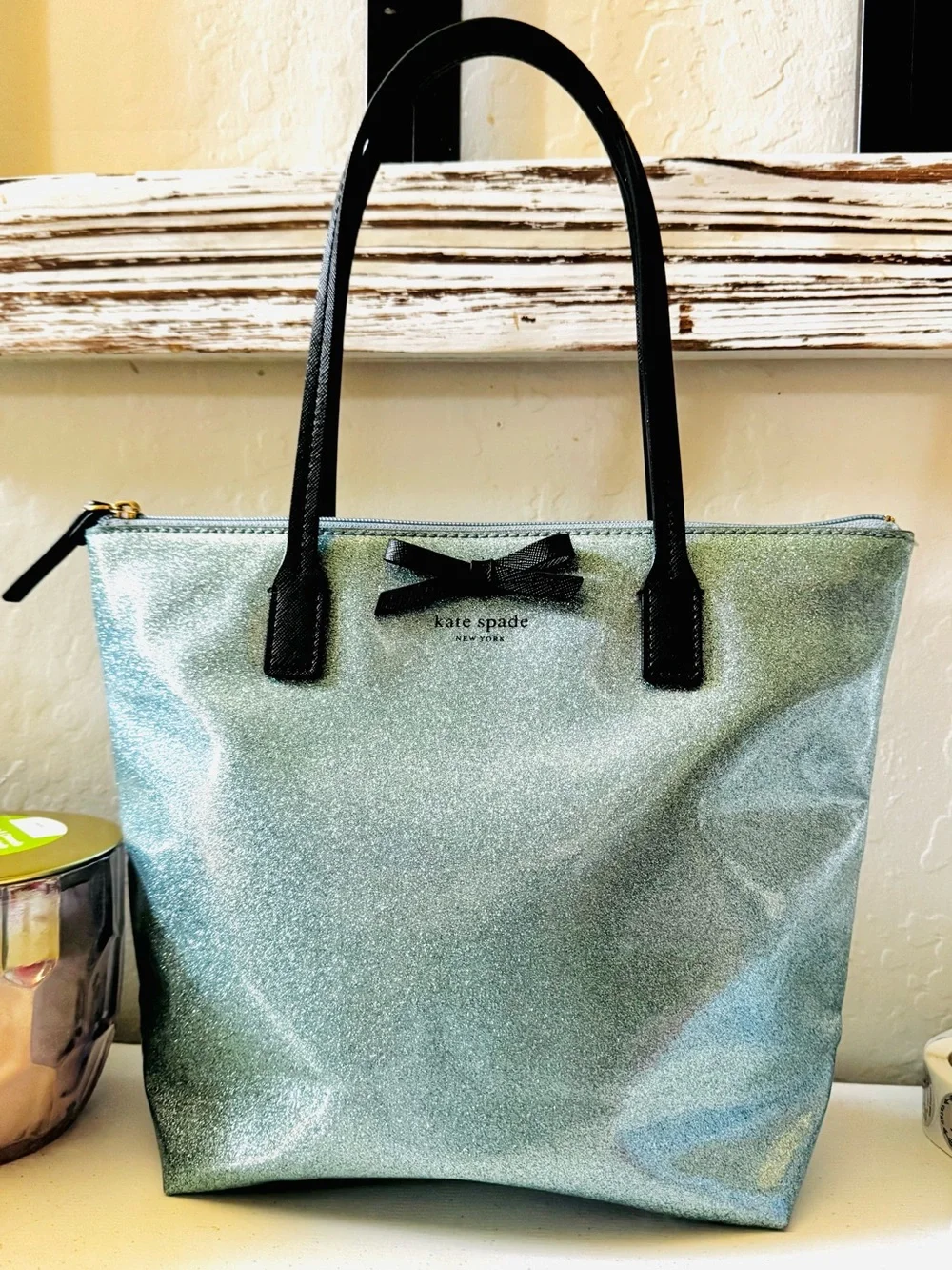 kate spade Glitter Tote in Light Blue with Black Trim